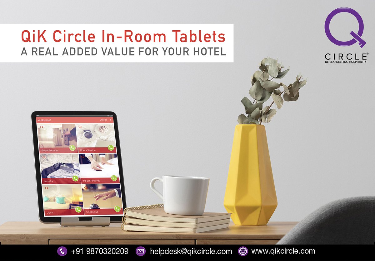 Qikcircle's tweet photo. Take your guest experience to the next level with #QiKCircle Next2Next Generation #HospitalitySolutions. Our intuitive In-Room tablets serve as the top-notch solution to deliver a quality hotel experience in a luxurious way. Click https://t.co/WIRNynSacp #HotelSoftware https://t.co/Z0RjZu80ho