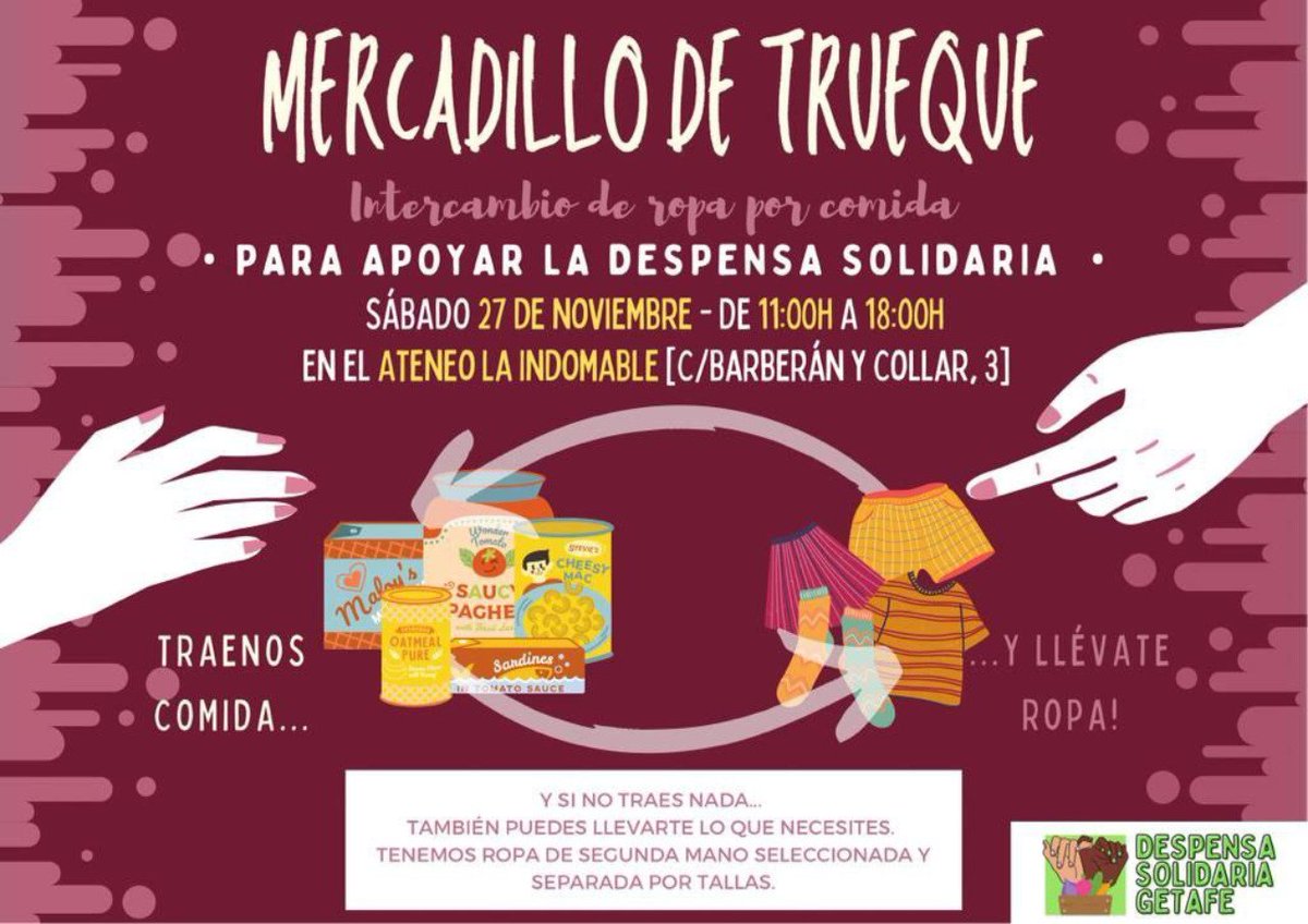 Este sábado tenemos #MercadillodeTrueque en #LaIndomable.
No te lo pierdas!
#Getafe #BlackFriday #ApoyoMutuo #Autogestion