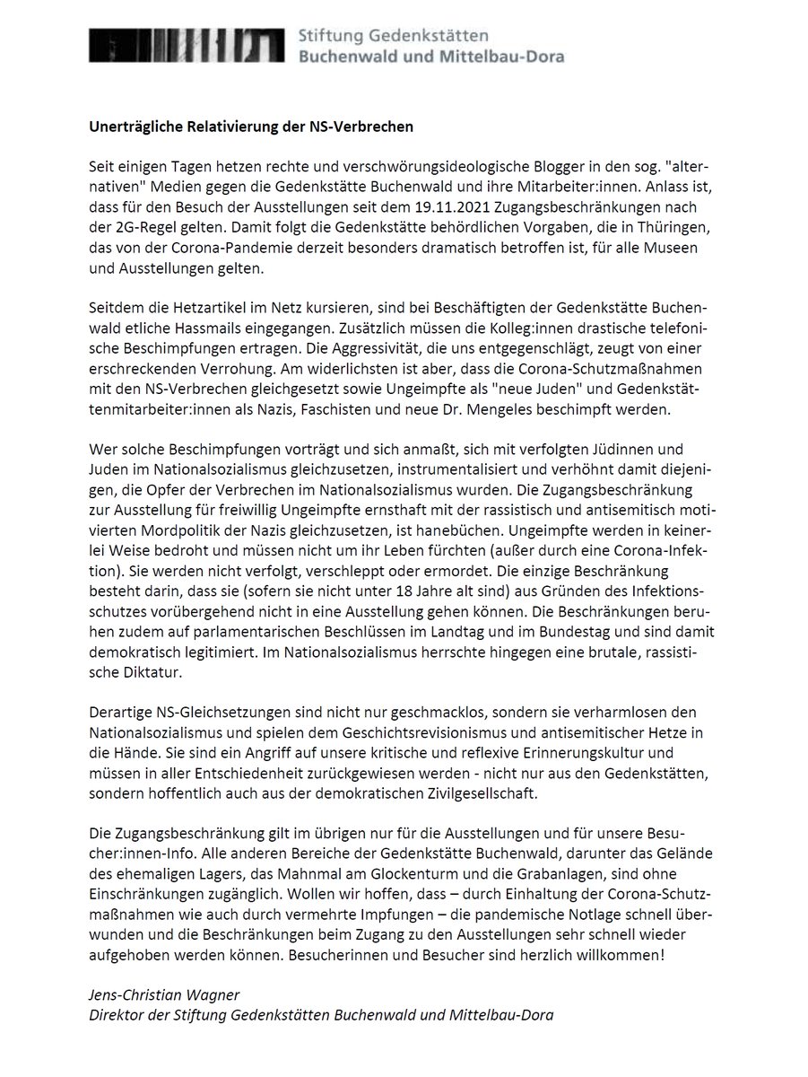 Buchenwald_Dora's tweet photo. Seit Tagen erreichen uns #Hassmails, in denen pandemiebedingte (behördlich angewiesene) Zugangsbeschränkungen zu unseren Ausstellungen in unerträglicher Weise mit den #NS-Verbrechen gleichgesetzt und die NS-Opfer verhöhnt werden. Dazu eine Erklärung von Stiftungsdirektor Wagner: https://t.co/7YW5OuwUYM
