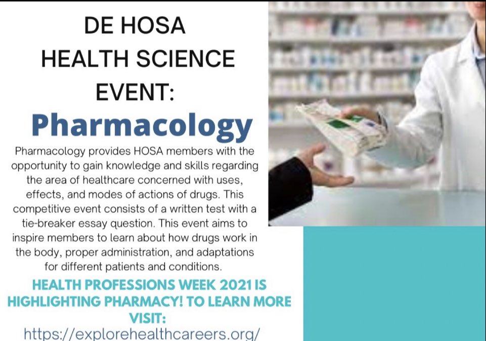 HOSA has a Health Science Event for Pharmacology! This event is centered around studying and analyzing the use of medications/treatments on the human system. It is a great event for anyone interested in this extensive career field. #pharmacology