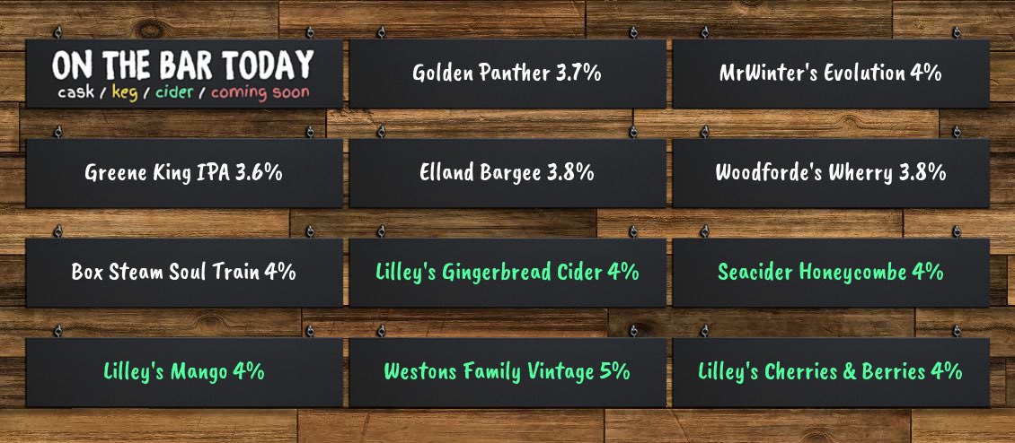 Your Friday night Beer & Cider Board: bit.ly/2op69fb Open 4pm - midnight 🍺 @Pantherbrewery @wintersbrewery @greeneking @EllandBrewery @WoodfordesBeer @BoxBrew @lilleyscider @SeaCiderSussex @WestonsCiderMil #RealAleFinder