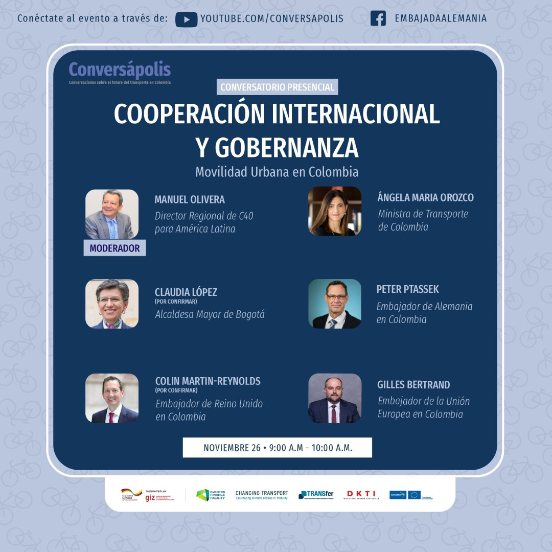 Hoy a las 8am en el marco de #Conversápolis, Conversaciones del futuro transporte en Colombia.

Los invitamos a conectarse a en vivo a este evento organizado por @VerdeGiz_Co en donde habrá un conversatorio sobre cooperación internacional y gobernanza en la #movilidad urbana.