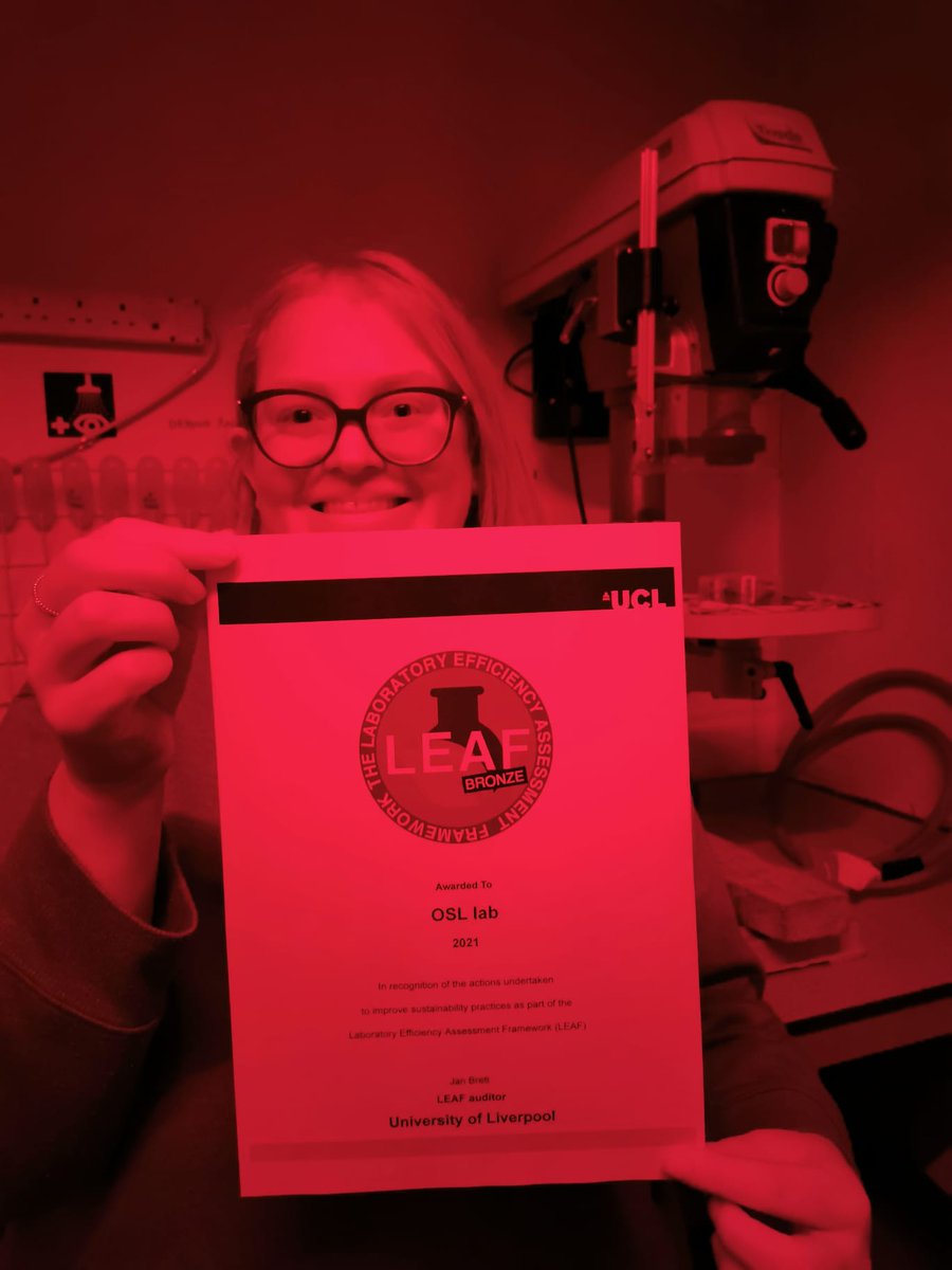 Yesterday the Liverpool Luminescence Lab was awarded a *Bronze Award* for the Laboratory Efficiency Assessment Framework (LEAF). Well done to @jenny_mobbs for all her hard work! We're looking forward to working towards Silver & more sustainable lab practices! @livunigeog