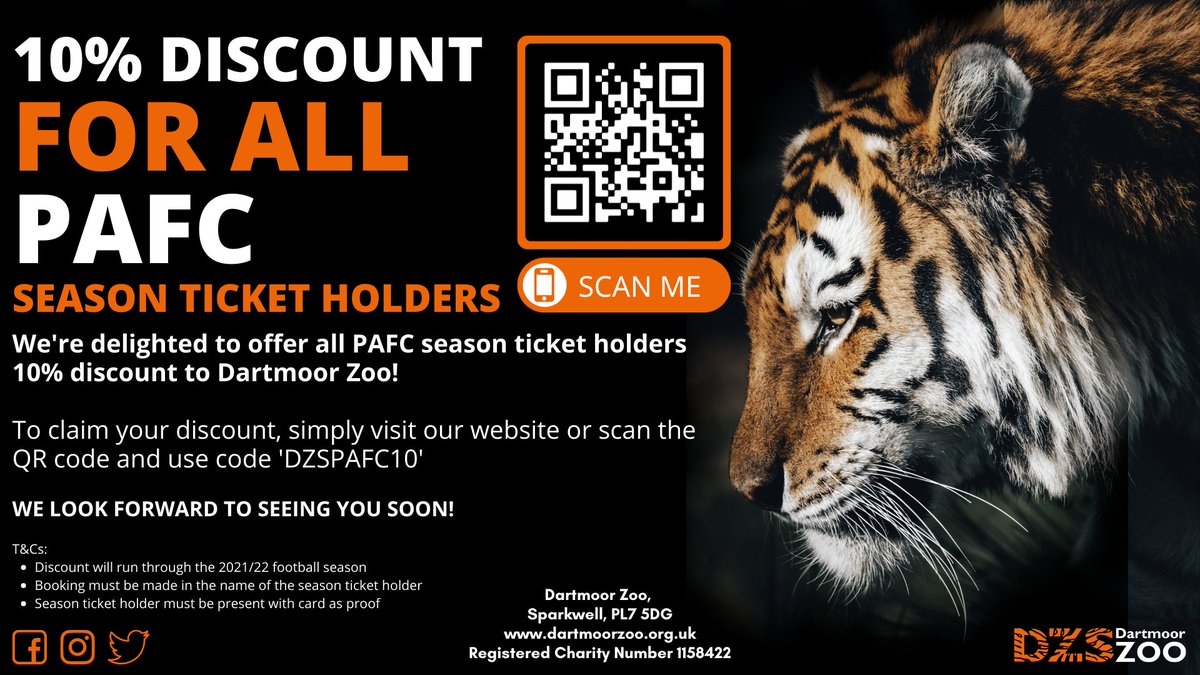 🐅🎫𝗔𝗿𝗲 𝘆𝗼𝘂 𝗮𝗻 @only1argyle 𝘀𝗲𝗮𝘀𝗼𝗻 𝘁𝗶𝗰𝗸𝗲𝘁 𝗵𝗼𝗹𝗱𝗲𝗿?
We're delighted to announce that our wonderful charity partners <a href="/DartmoorZoo/">Dartmoor Zoo</a> are offering season ticket holders a 10% discount on zoo entry for the rest of the season!
Book today⬇️
dartmoorzoo.org.uk