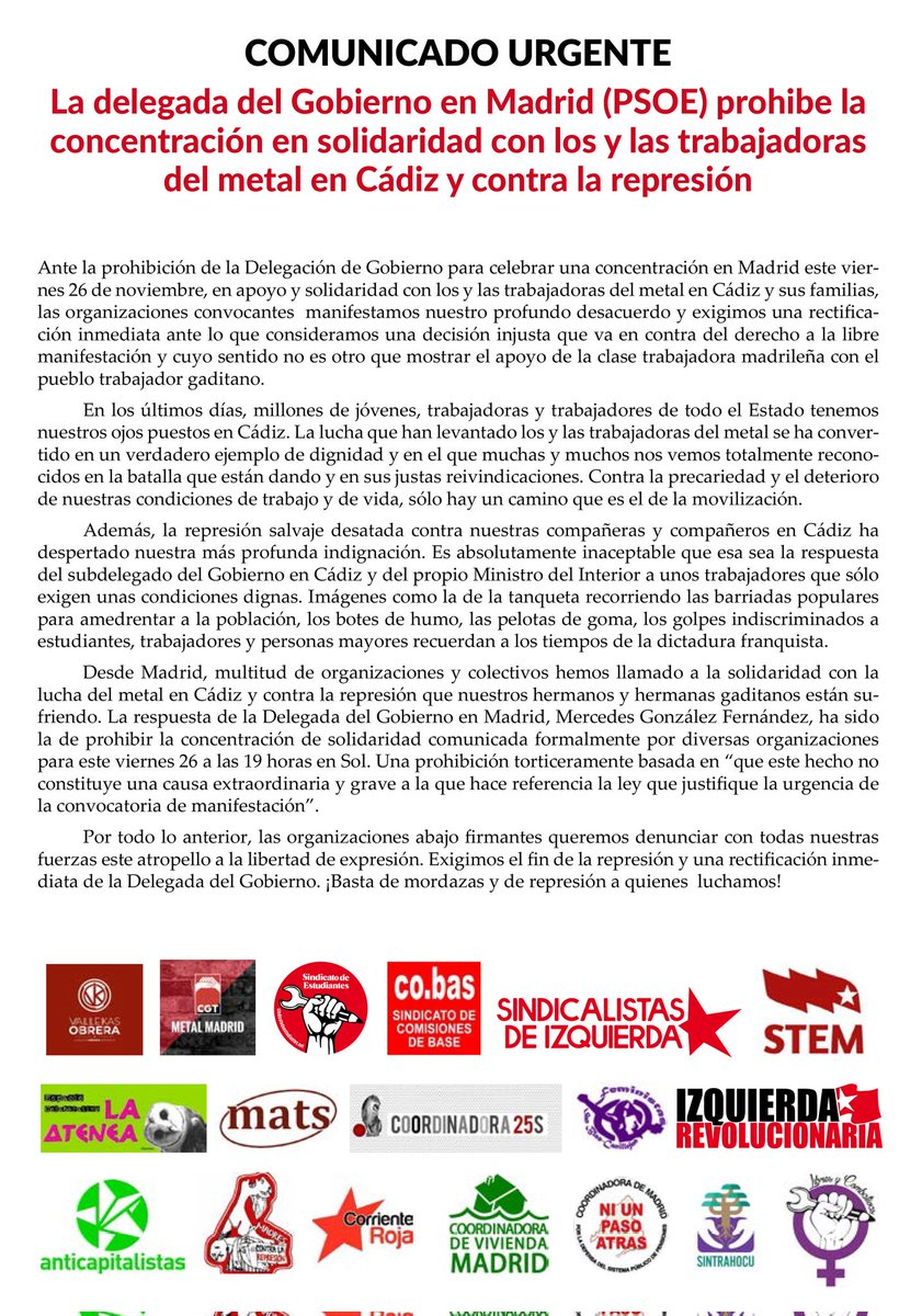 Mientras que la Delegada del Gobierno de #Madrid autoriza manifestaciones neonazis en Chueca, prohíbe manifestaciones en apoyo a la huelga del metal de Cádiz.
El gobierno más progresista de la Historia parece que ha elegido bando.
#HuelgaDelMetal #HuelgaMetalCadiz #Getafe