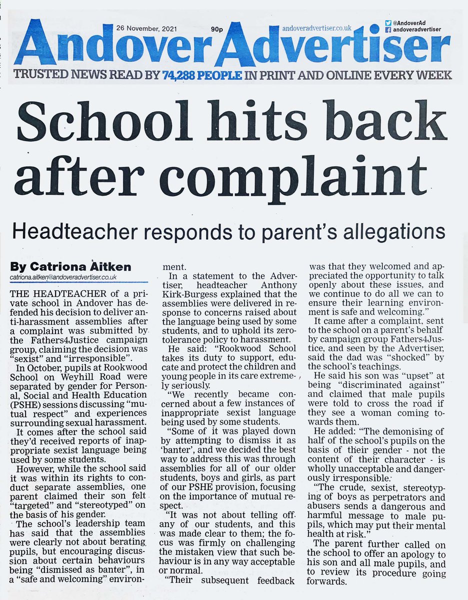 StandUp4Boys's tweet photo. ANDOVER ADVERTISER: Rookwood School hits back over #Fathers4Justice complaint about PSHE assembly where “boys were told to cross road if they saw a woman walking the other way” https://t.co/dbSwEaEplZ #BadEducation #StandUp4Boys #AbuseHasNoGender https://t.co/0QvNMOYX1R