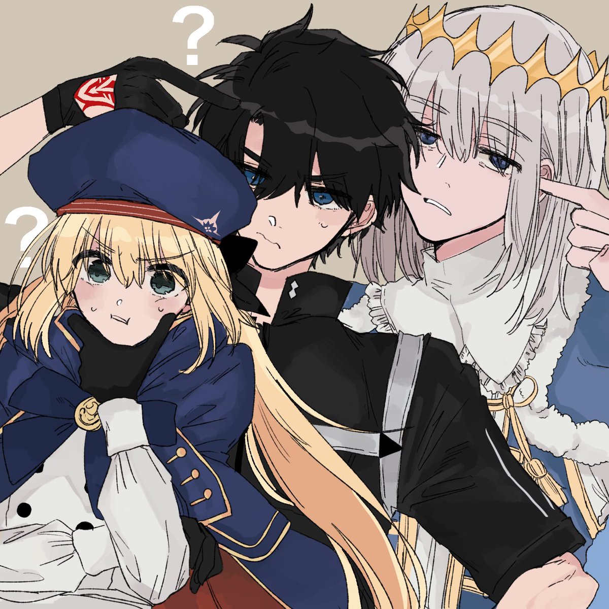 artoria caster (fate) ,artoria pendragon (fate) ,fujimaru ritsuka (male) ,fujimaru ritsuka (male) (polar chaldea uniform) ,oberon (fate) 1girl 2boys multiple boys gloves blue eyes black hair hat  illustration images