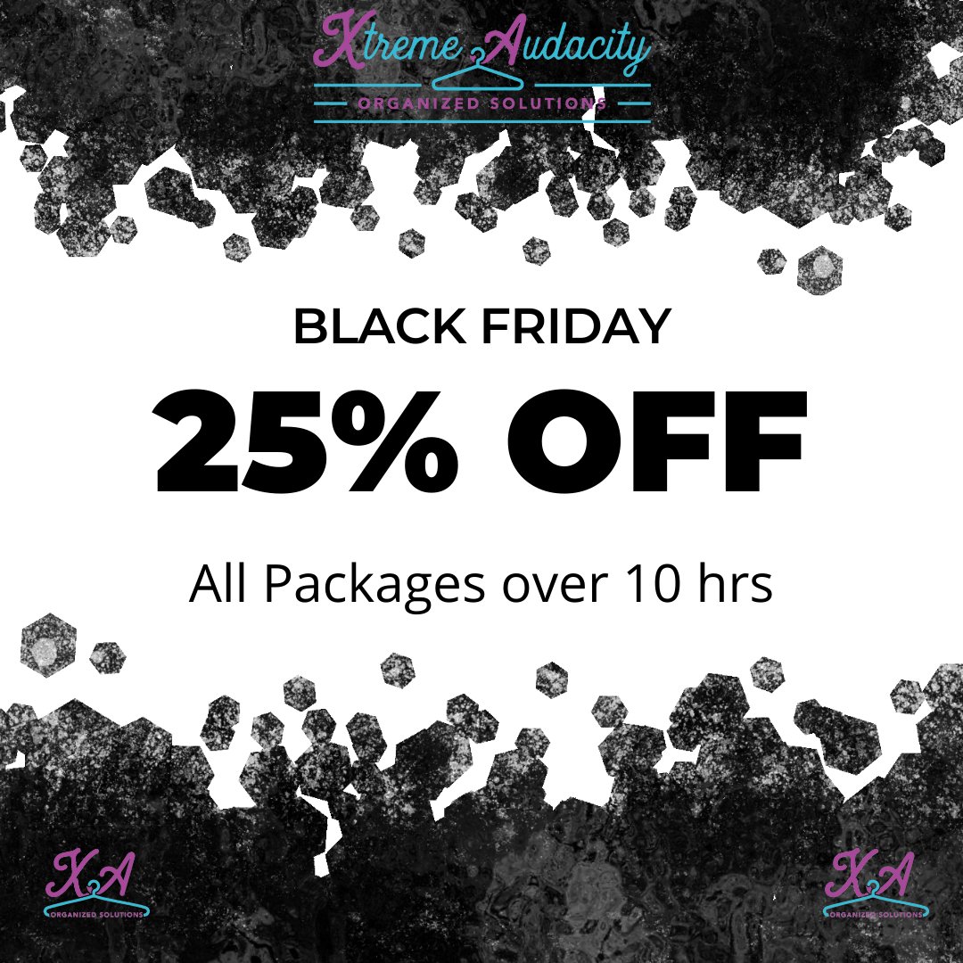 XtremeAudacity's tweet photo. 🗣 25% OFF ALL PACKAGES over 10 hrs
This is a 1.5 Day Promotion! Ends 11/26/21
💜Gift Certificates Available💙
* Allow XA to help you with your homes detox
* Allow XA to assist you in decluttering your commercial space.
https://t.co/oqGTS3hJMF https://t.co/wPQsWMa7HA