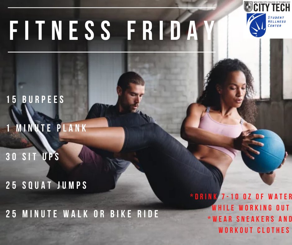 CityTechSWC's tweet photo. Fitness Friday 

Burpees - https://t.co/xpRuCqjA1z  Plank - https://t.co/JrWH7qw7Gg  
Sit Ups - https://t.co/VUkLUNuFH4   Squat Jumps - https://t.co/fn0xT89UfV https://t.co/yTKnayLH6W