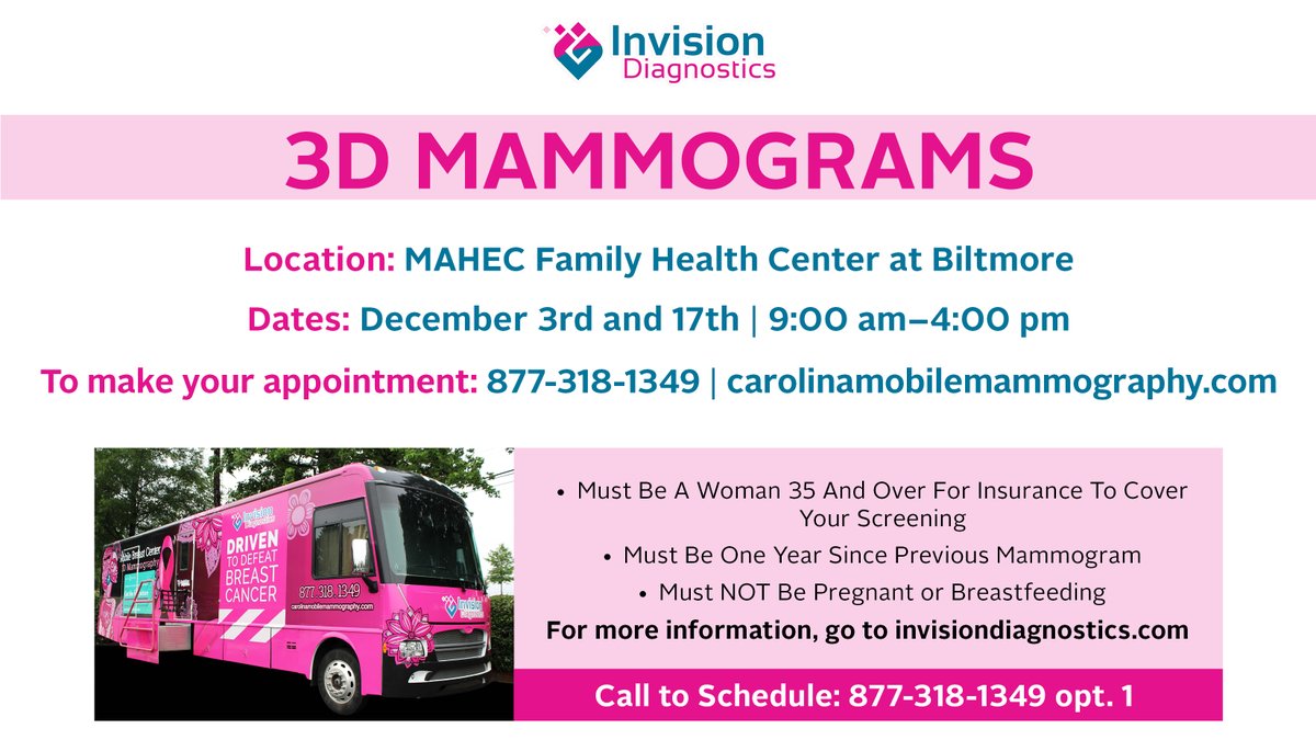 📢 Appointments are still available for December 3 on the mobile 3D mammogram bus, which will be parked at our Biltmore campus! You do not need to be a MAHEC patient to attend. Call 877-318-1349 or visit carolinamobilemammography.com to book! #avl #avlhealth