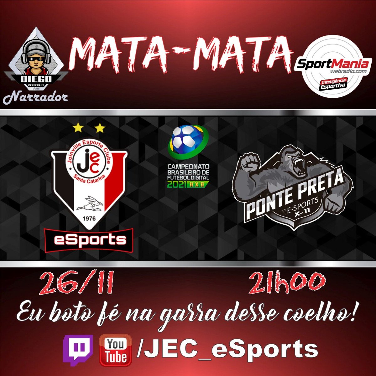 JEC_esports's tweet photo. [PES]

É hoje! Partida decisiva pelas 16avos de final da @CBFDV contra a forte equipe da @aapp_oficial foi antecipada por questões de logistica dos times!

Transmissão ao vivo na @Sportmaniawr a partir das 21h00!

Duelo garante vaga entre as 16 melhores equipes do país!

#GOJEC https://t.co/13A3rMLeev