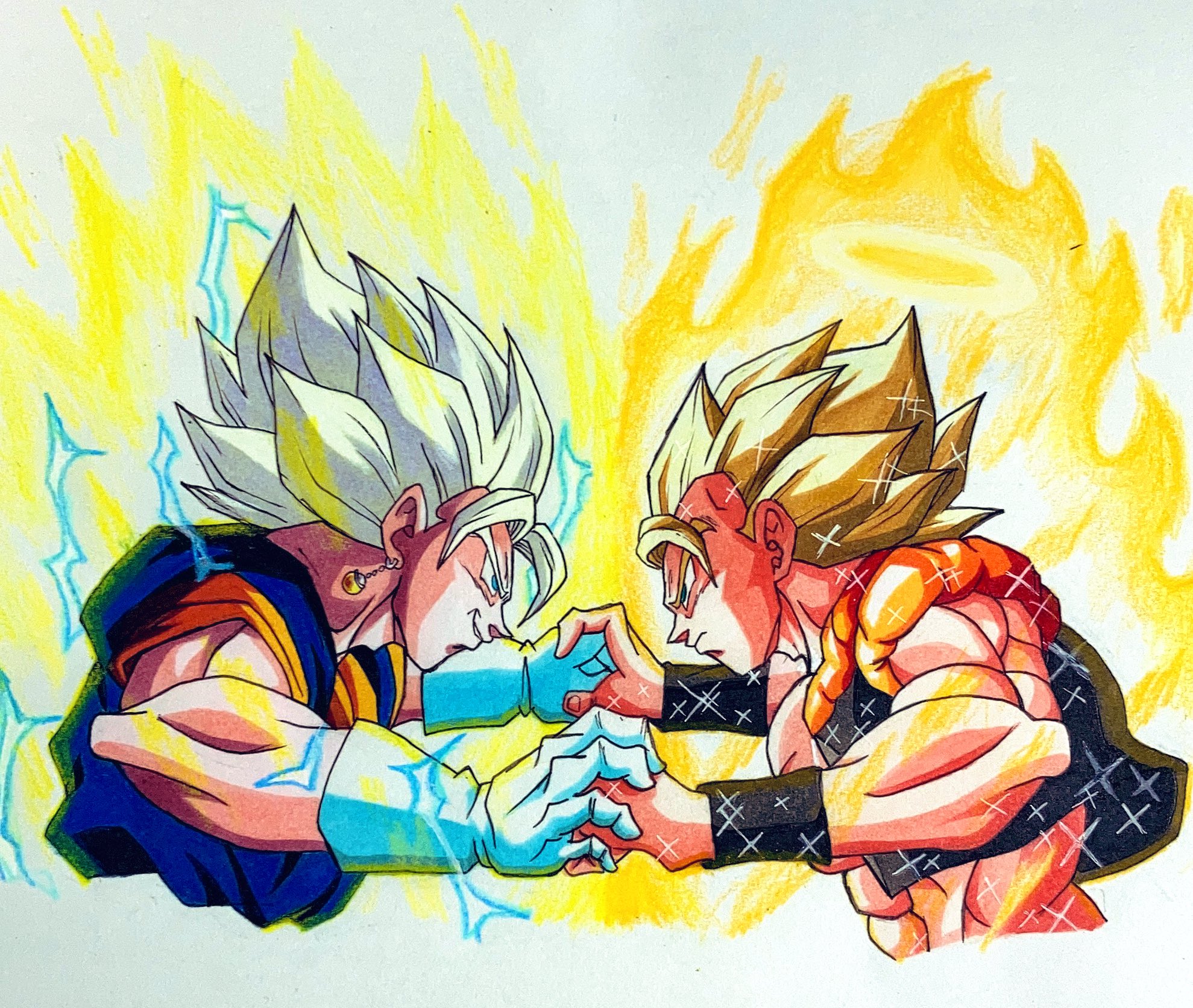 ひろ Twitterren 超ベジットvs超ゴジータ描きました ブルーだけじゃなくzの時も映画とアニメで髪色違いますよね チクチクした気でバチバチなベジット メラメラした気でキラキラなゴジータ どっちも大好きです ドラゴンボール イラスト ベジット ゴジータ