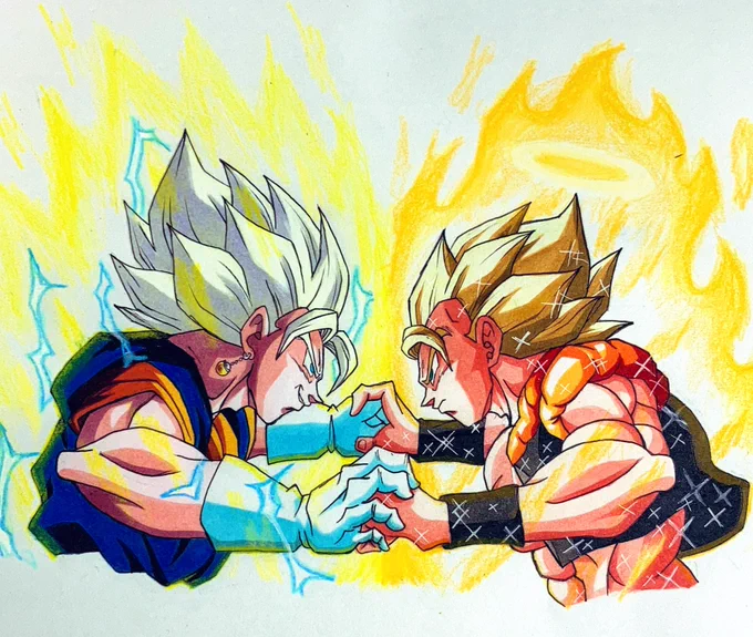 超ベジットVS超ゴジータ描きました😊

ブルーだけじゃなくZの時も映画とアニメで髪色違いますよね😆
チクチクした気でバチバチなベジット
メラメラした気でキラキラなゴジータ
どっちも大好きです😊
 #ドラゴンボール   #イラスト
 #ベジット   #ゴジータ
  #お絵描き好きさんと繋がりたい 