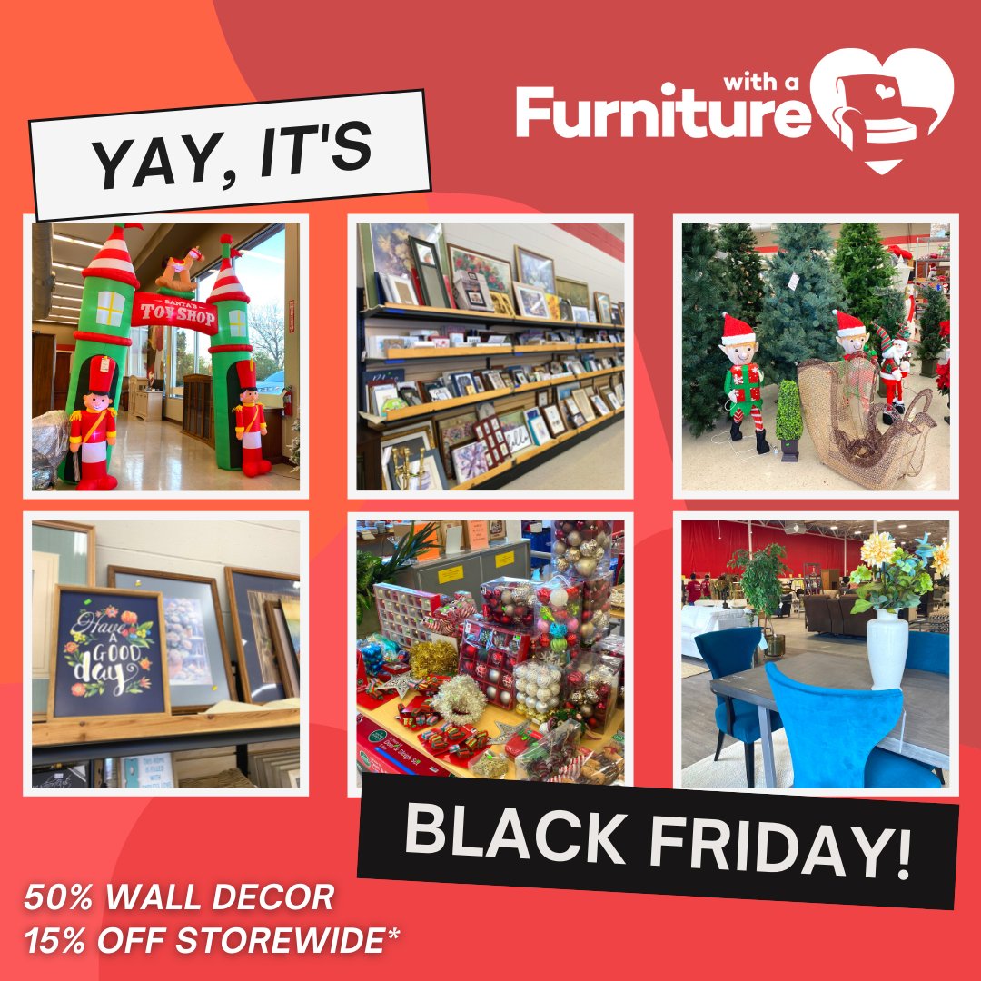 FurnitureWHeart's tweet photo. 📣IT'S HERE! Come check out our #BlackFriday deals on top of our already LOW prices AND support local families in need!

🌟 50% OFF pictures, artwork, and mirrors 
🌟 15% OFF storewide (mattresses, box springs, &amp; select bed frames excluded)

Store info: https://t.co/k9Kux2aQKy https://t.co/GvjNS330om