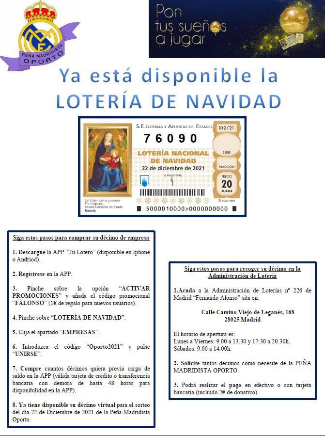 Ya disponible la lotería De la Peña oporto.Num:  76090.Precio: 22 euros.
2 formas de adquirirla: por internet mediante la app tú lotero como se explica en la imagen o en la administración de lotería n226 Fernando Alonso situada en calle de camino viejo de Leganés,168 28025 madrid