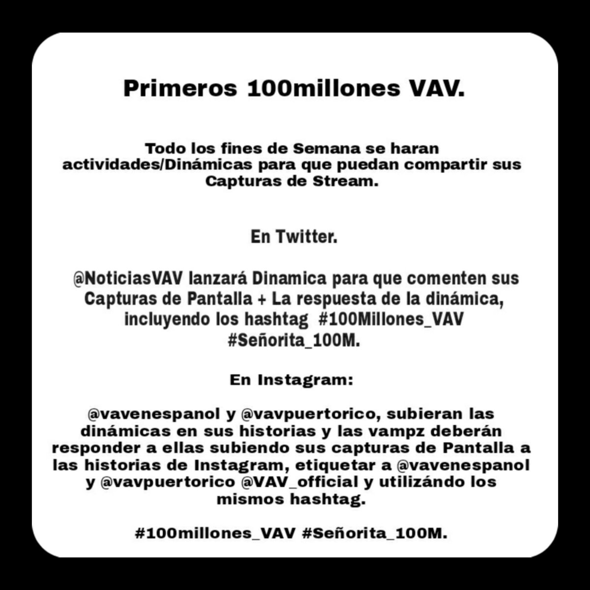 NoticiasVAV's tweet photo. ๐ Primeros 100M VAV.
Les traemos este proyecto que tiene como Objetivo Darle a los chicos los primeros 100M con Seรฑorita y tambiรฉn llevar a Cause I Miss a sus 5M.
En las imรกgenes encontrarรกn la informaciรณn.
#Stream_VAV #VAV #๋ธ์ด์์ด๋ธ์ด @twt_VAV @NoticiasVAV https://t.co/Ne4QSoZgAt