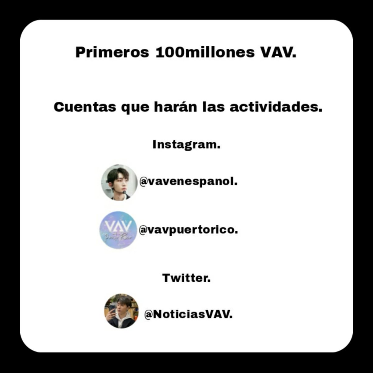 NoticiasVAV's tweet photo. ๐ Primeros 100M VAV.
Les traemos este proyecto que tiene como Objetivo Darle a los chicos los primeros 100M con Seรฑorita y tambiรฉn llevar a Cause I Miss a sus 5M.
En las imรกgenes encontrarรกn la informaciรณn.
#Stream_VAV #VAV #๋ธ์ด์์ด๋ธ์ด @twt_VAV @NoticiasVAV https://t.co/Ne4QSoZgAt