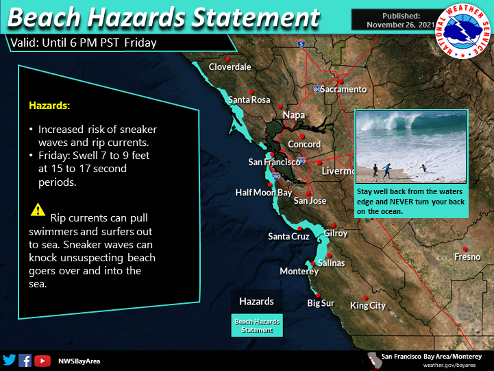 NWSBayArea's tweet photo. The weather is nice today.☀  Going to the beach? 🏖 Use extra caution as longer period swells will result in an increased likelihood for sneaker waves. The greatest threat will be west and northwest facing beaches.  #cawx #casurf https://t.co/JuV2lx0YGX