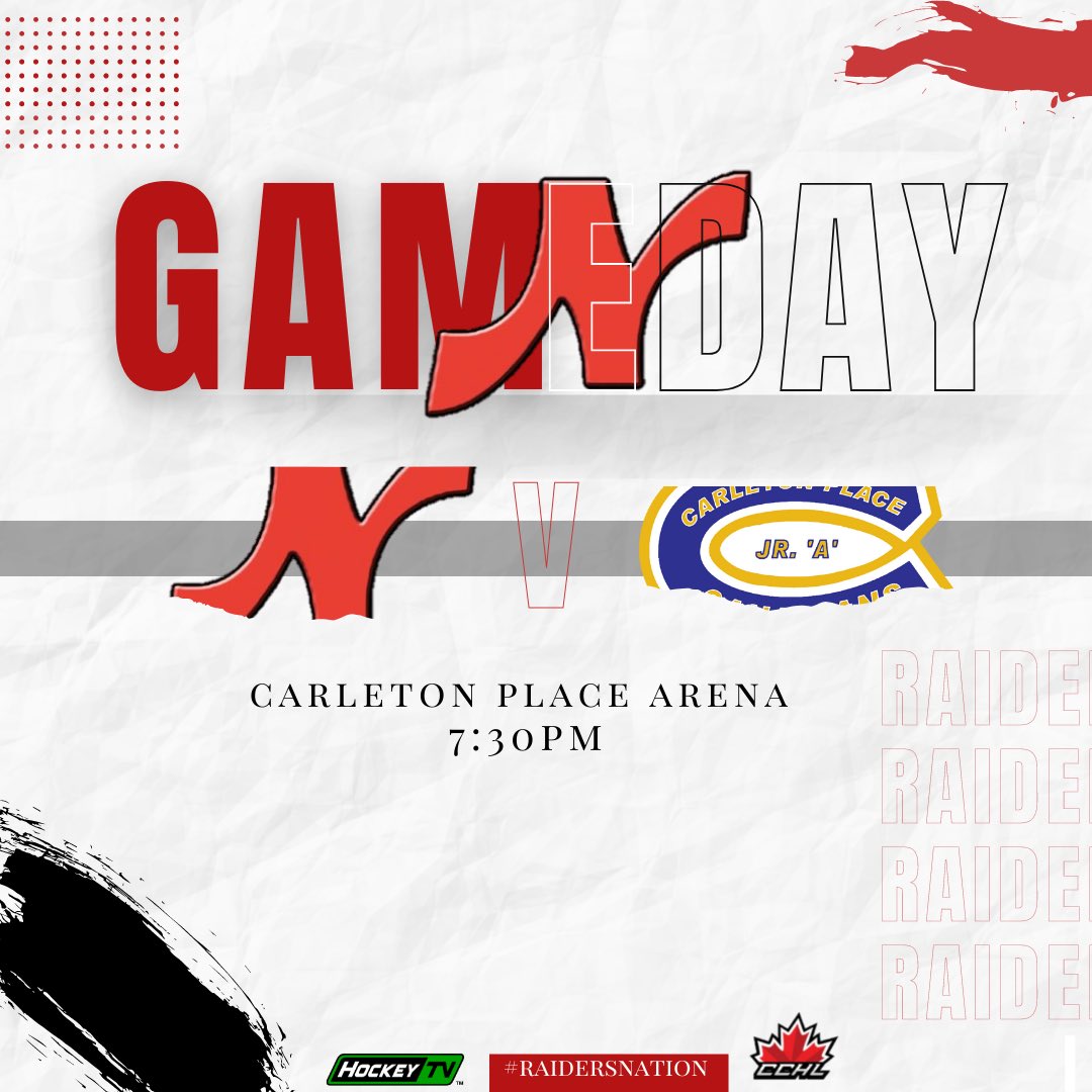 Nepeanraiders's tweet photo. Wrapping up the road trip in Carleton Place
📍 | #CarletonPlaceArena
🆚 | @CPCANADIANS
⏰ | 7:30pm
📺 | @MyHockeyTV
📻 | @CKDJ1079
#RaidersNation🔴⚪️ #NEPvsCPC #CCHL #Nepean #Raiders #JrA #Hockey https://t.co/qveMVrKmvh