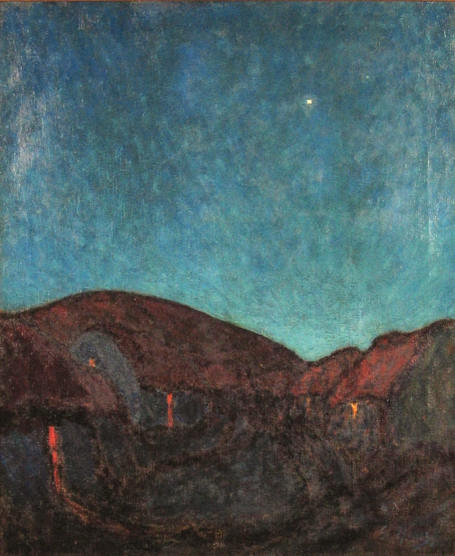 TheHughLane's tweet photo. 'Evening, Achil'~ Grace Henry, (1912)

The dark evening tones are enlivened by the bright spots of light from the windows and doors spilling across the centre of the image, and in the background by the spot of illumination from the single star in the sky. https://t.co/ViMa5q7JLO