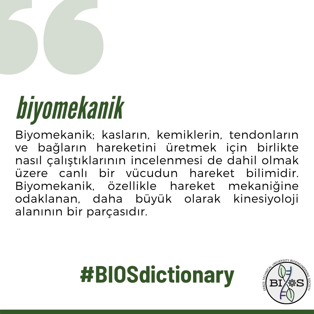 BiosGtu's tweet photo. Canlı bir vücudun hareket bilimi olan biyomekanik #BIOSdictionary’de.
Her hafta yeni bir kelime için bizi takip etmeyin unutmayın 💫
Yazar: Zeynep Kayadibi
Editör: Osman Sait Akbaş
Tasarımcı: Özge Ece Aytar https://t.co/KNmtdFsmcj