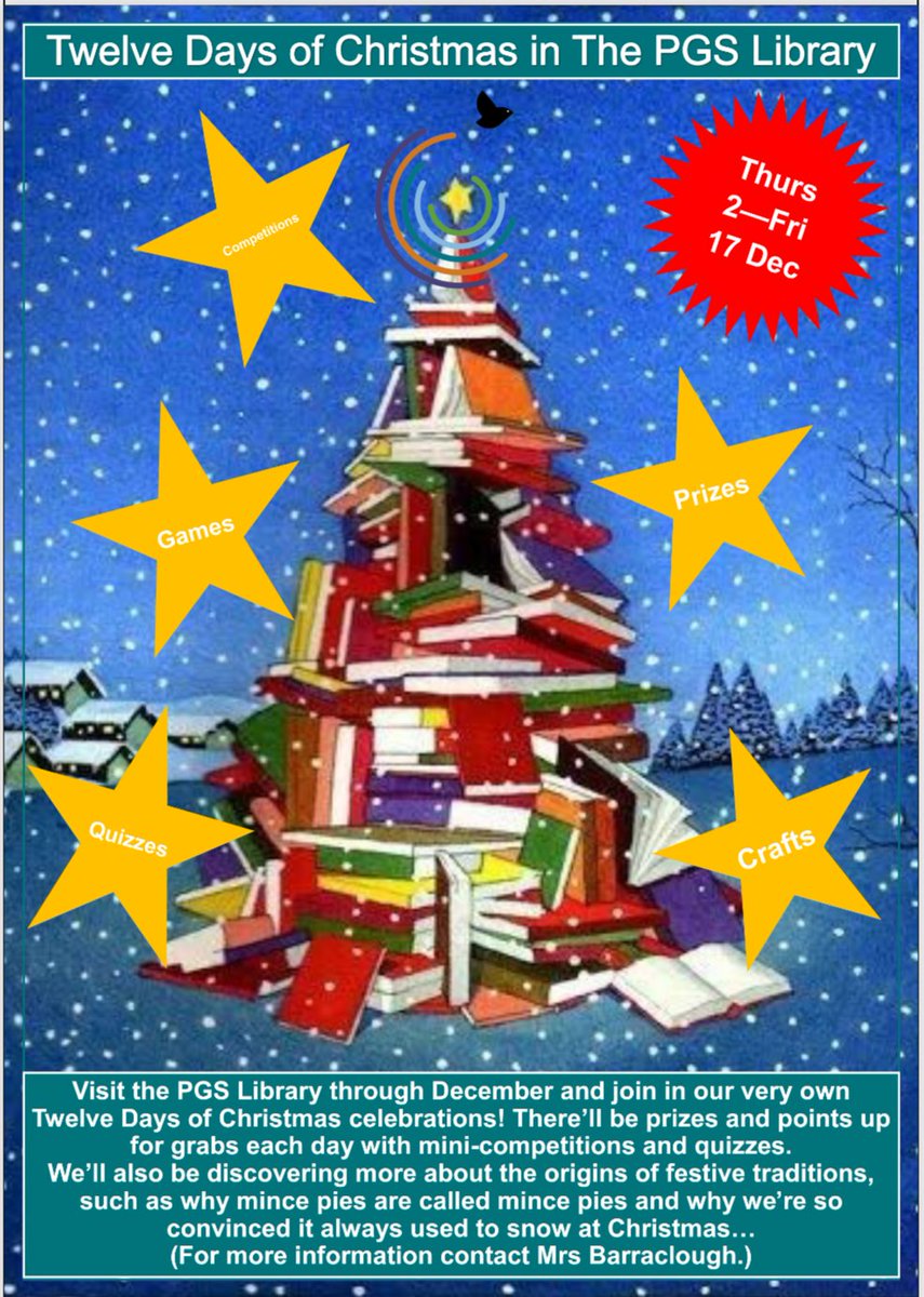 It's nearly time..! Next week the library will be decorated by our <a href="/PGSALCPost16/">PGSALC Post 16</a> Enrichment team, all ready to begin our #12DaysOfChristmas festive celebrations! 🎄☃️ Watch this space for further details 👀 #schoollibrary