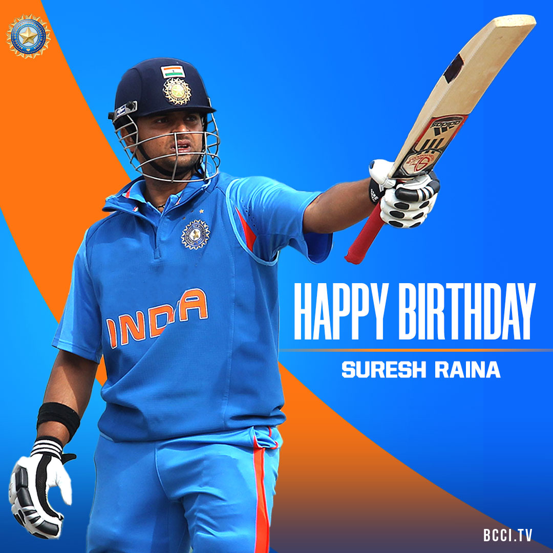 BCCI's tweet photo. 322 international games 👍
7988 international runs 💪
2011 World Cup &amp; 2013 Champions Trophy-winner 🏆 🏆

Here's wishing @ImRaina a very happy birthday. 🎂 👏

#TeamIndia https://t.co/EO56VyGtOq