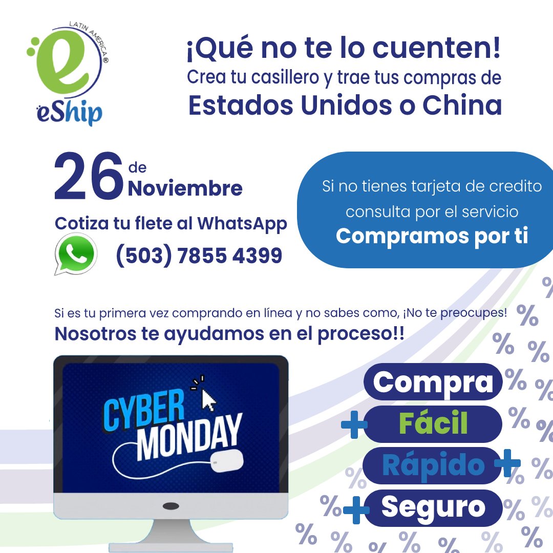 EShipLaSV's tweet image. Este #CiberMonday compra en línea😱 y trae con tu casillero!! 🛒No te pierdas las promociones, 😱si deseas apoyo en el proceso te ayudamos! 😎o si lo prefieres lo #CompramosPorTi 💳Escríbenos al WhatsApp para mas detalles 78554399