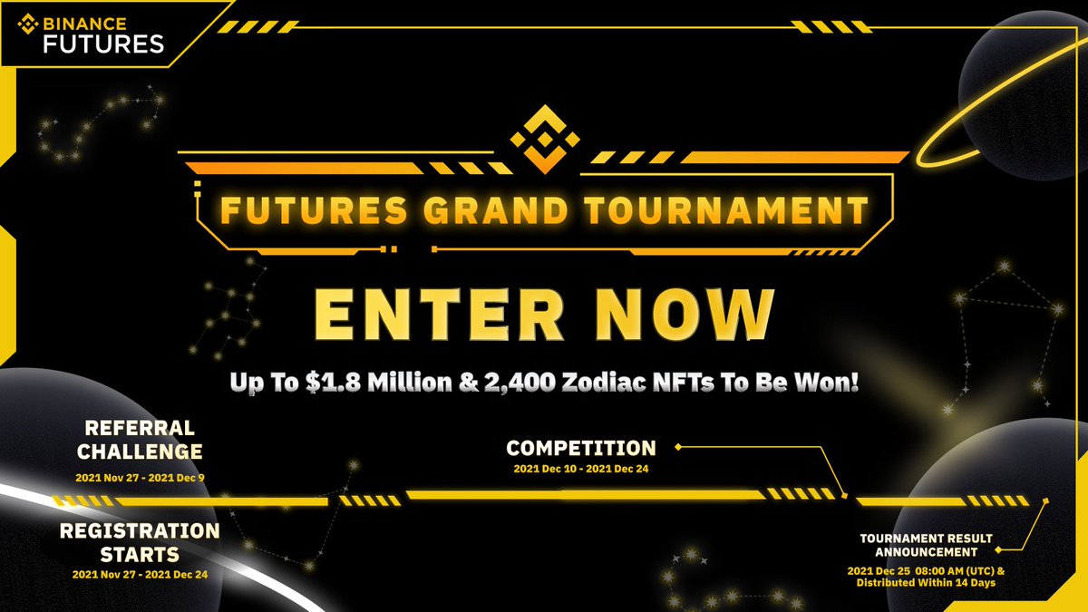 Welcome to the Future-verse, and let the #FuturesGrandTournament begin! Registration &amp; referral challenge have officially started 🚀 

To Join
1️⃣100 BUSD Balance or open Multi-Assets mode
2️⃣Account verified
3️⃣Register now 👉🏻 binance.com/en/futures-act…