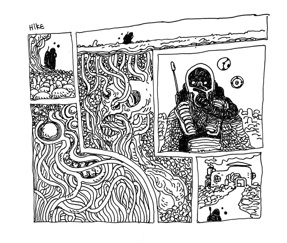 Messy sketchbook comic-hiking home through the fungal fields fertilized by dead giants