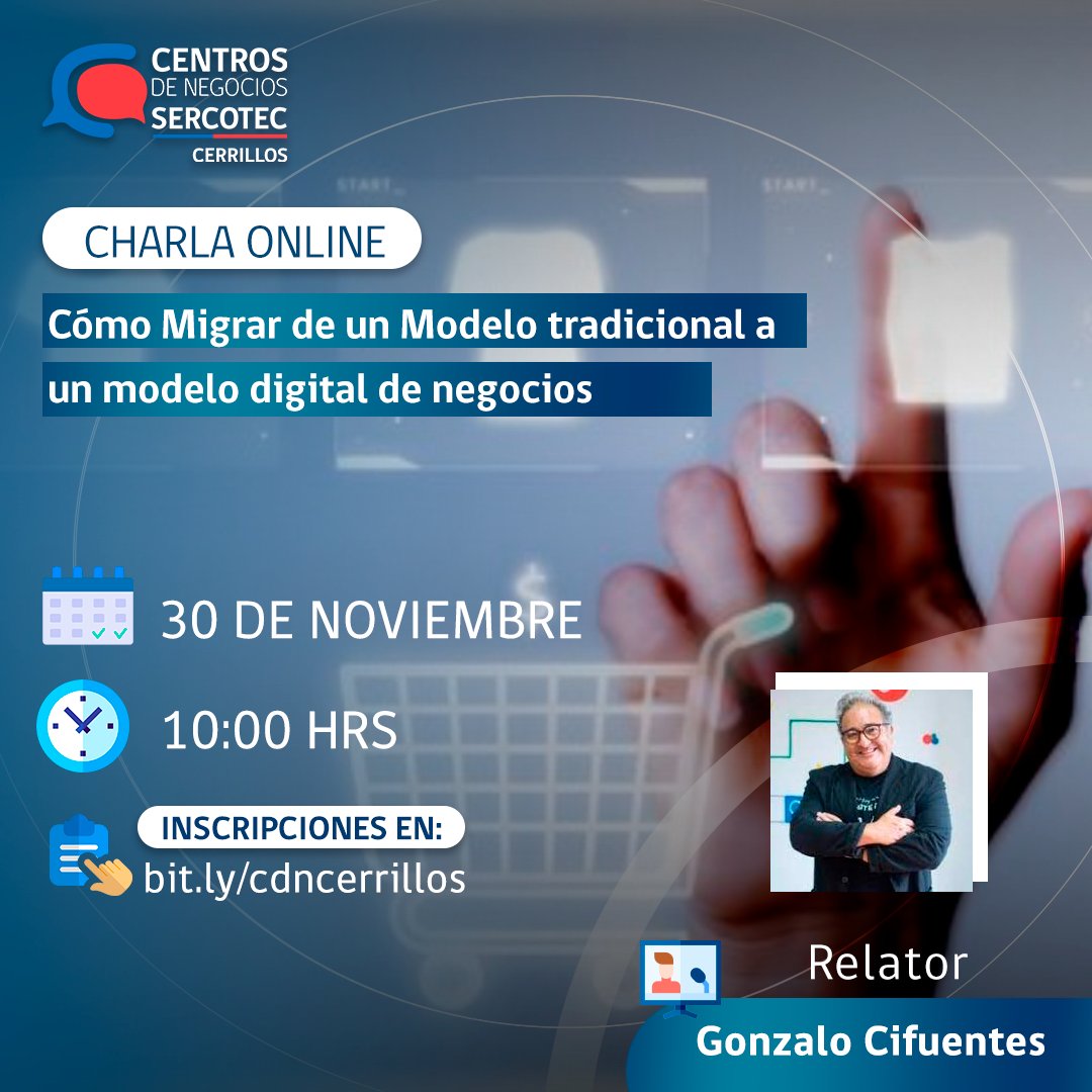 🚀 ¡Si quieres generar impacto en tu negocio únete en nuestras charlas online!👇🏻
¿Quieres participar? Inscríbete directamente bit.ly/cdncerrillos
 ⬅️ o envíanos un DM.
📩Para mayor información escríbenos a centro.cerrillos@centrossercotec.cl
¡Te esperamos!