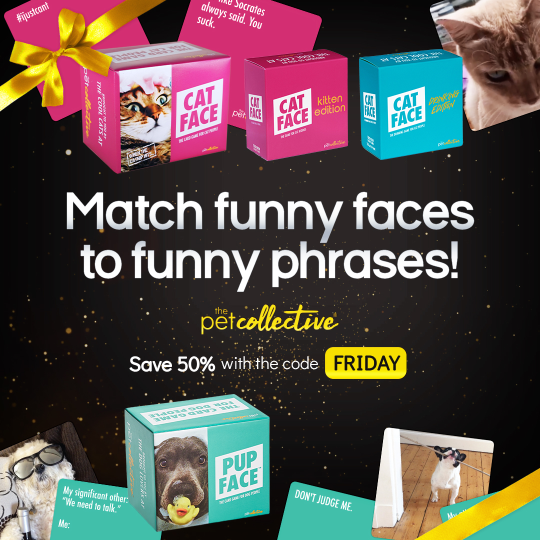 Hilarious kittens 😹 + outrageous puppers 🐶 x side-splitting captions 🤣 = Pup Face &amp; Cat Face. 

These are the perfect gifts for this holiday season! Plus, use code "FRIDAY" to get 50% your order! 🎉 bit.ly/3uU6aVY