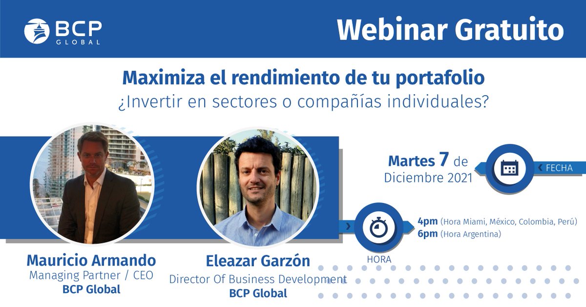 bcpglobalinvest's tweet photo. ¿Invertir en sectores o compañías individuales? No te pierdas este webinar el próximo 7 de diciembre y conoce cómo maximizar el rendimiento de tu portafolio.

Fecha: martes 7 de diciembre 2021
Hora: 4:00pm Miami
https://t.co/xlB0TKtKKx https://t.co/DKJg35vNb9