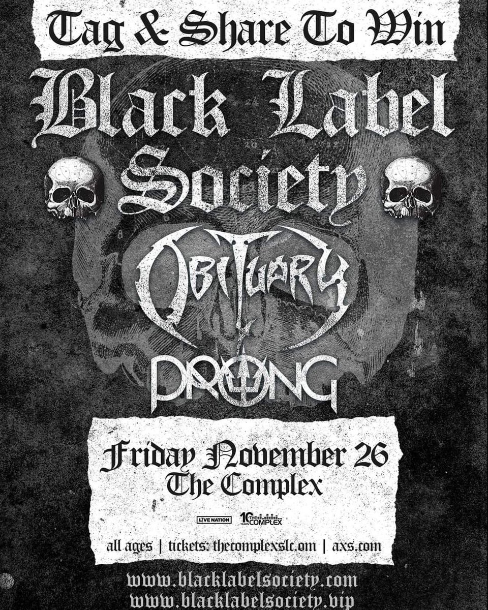 obituarytheband's tweet photo. Salt Lake City, UT Tonight!!
Who’s joint us, @prongmusic &amp; @ZakkWyldeBLS for OneKillerShow at the Complex?
Let’s go!!!
#BlackLabelFriday https://t.co/08ryfDvR3z