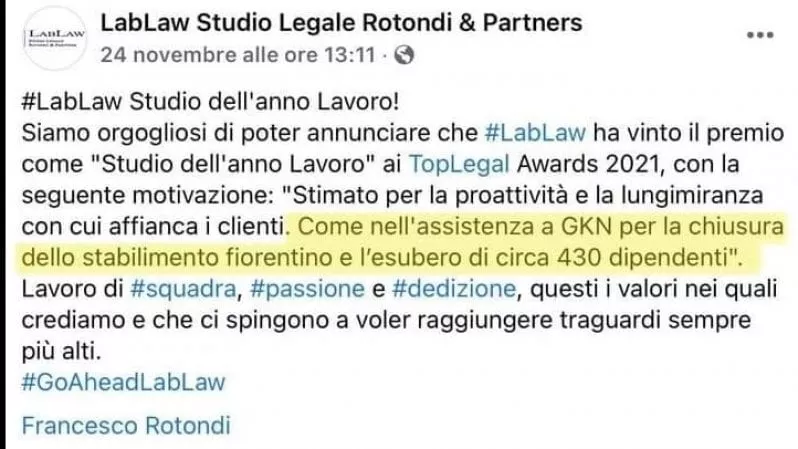 NonOriana's tweet image. #LabLaw eccetera di Francesco #Rotondi si vanta di aver aiutato #GKN a chiudere una fabbrica e a privare 430 persone del proprio lavoro.
Chi ti mette in questa situazione sarà capace anche di aiutarti a uscirne? 
Sarebbe da discuterne direttamente, in Largo Augusto 8 a Milano.