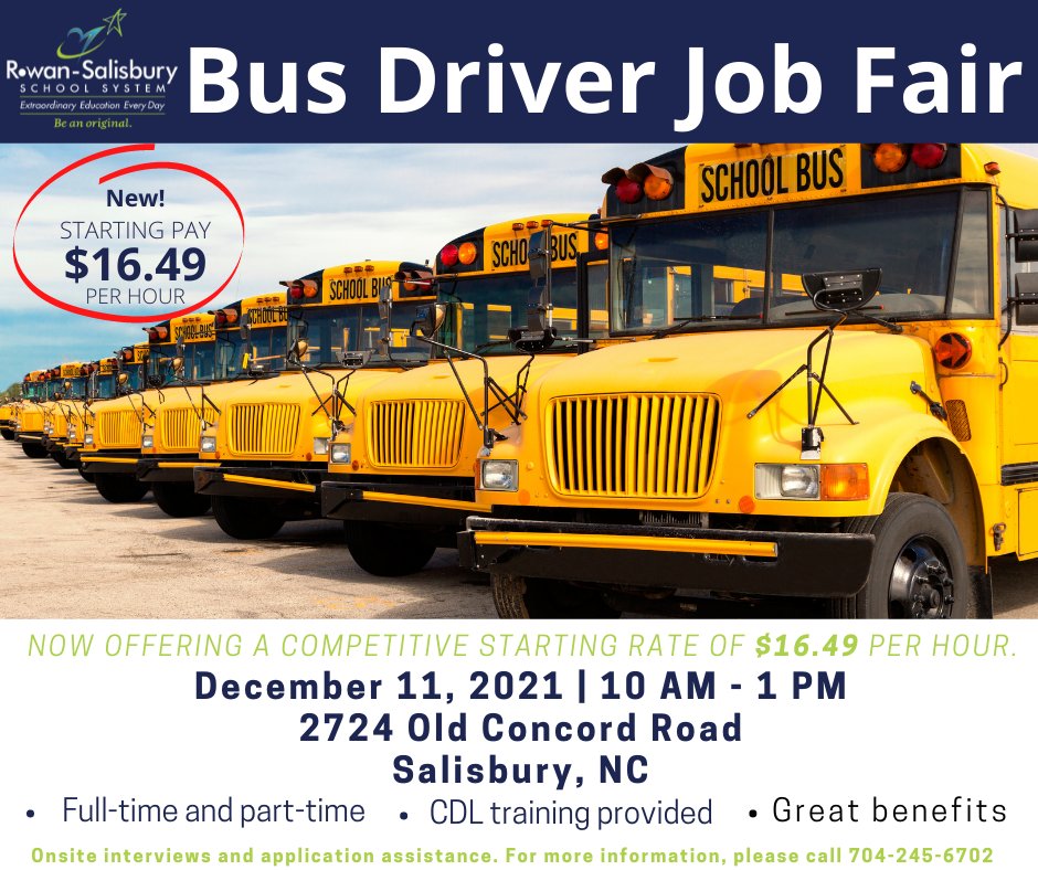 Rowan-Salisbury Schools is currently hiring Bus Drivers! Join us Saturday, December 11th from 10 a.m. - 1 p.m. at the Transportation Department for a Job Fair.