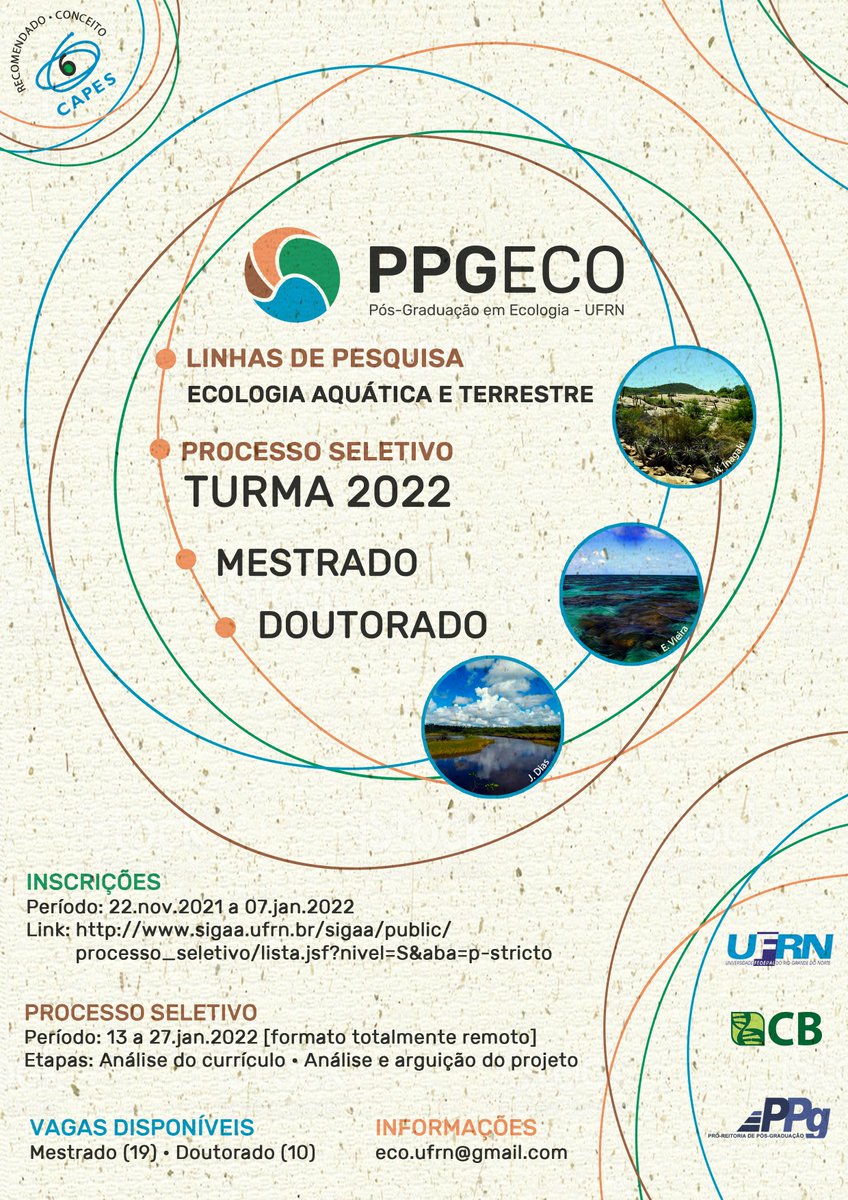 Estamos com inscrições abertas para o processo seletivo aberto para ingresso nos cursos de mestrado e doutorado no ano de 2022. O processo seletivo será totalmente remoto. Maiores informações podem ser obtidas nos editais disponíveis em nossa página (posgraduacao.ufrn.br/pge).