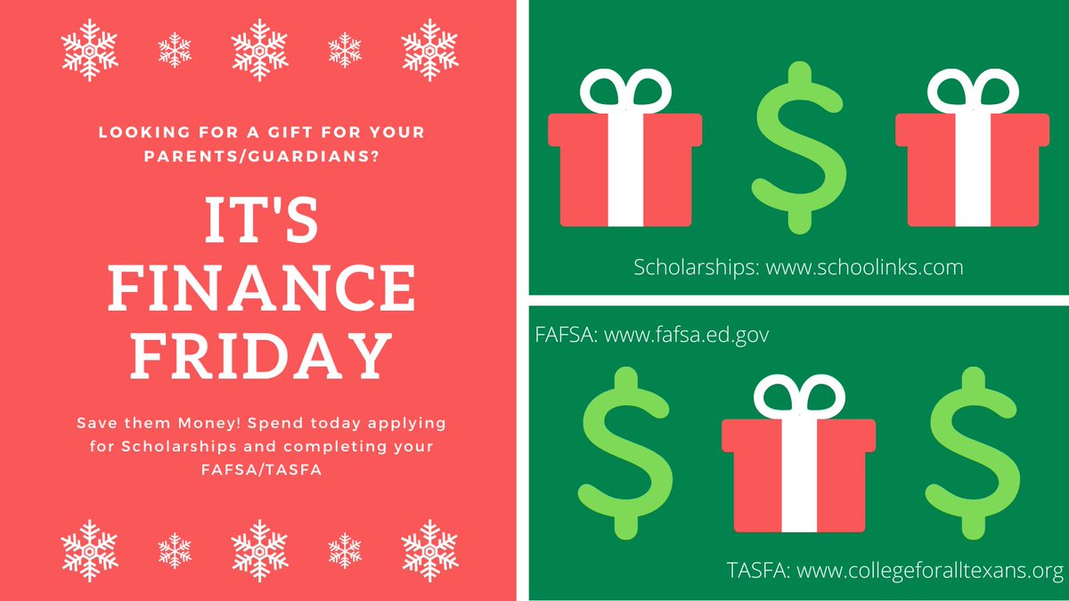 Today is Finance Friday! On this BLACK FRIDAY, if you want a discount on your college education, apply for scholarships and submit your FAFSA/ TASFA application today. Go to your SchooLinks account to see available scholarships