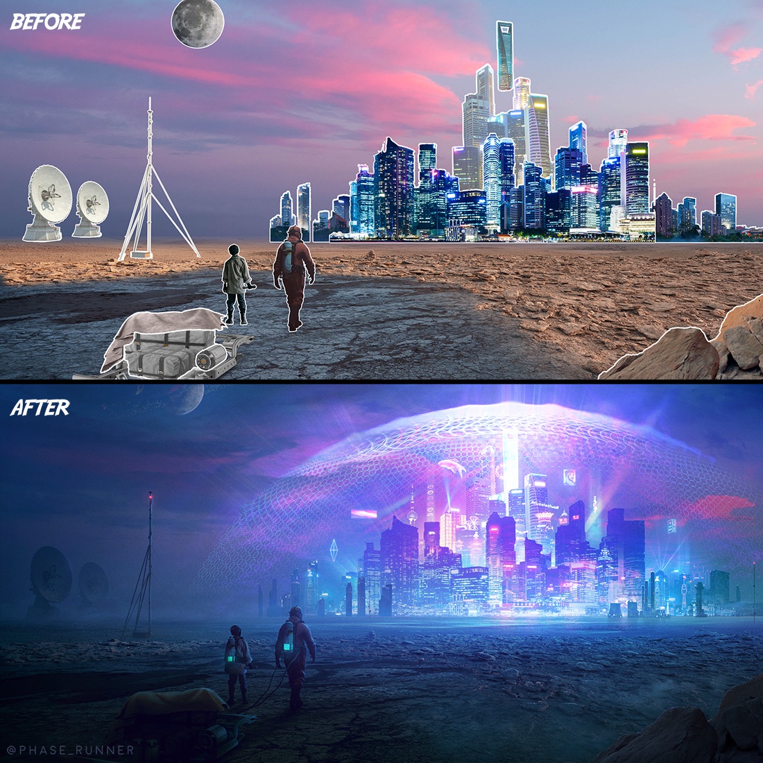 phase_runner's tweet photo. Neon Utopia: Baseplate Vs Final Image

#photoshop #photomanipulation #digitalart https://t.co/okwYxauIYP