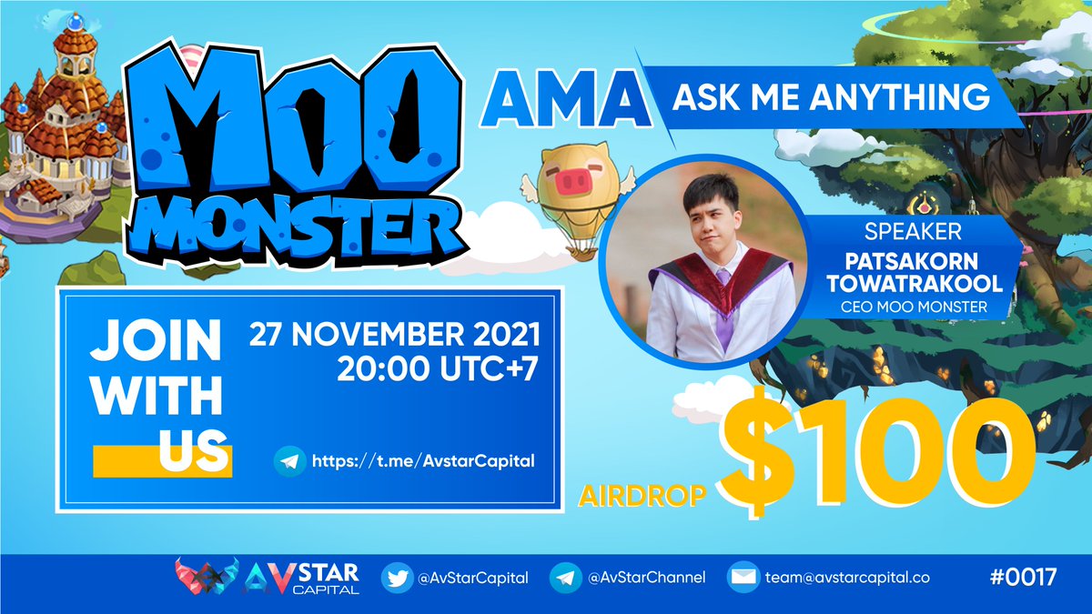 🚀 <a href="/MooMonsterNFT/">Moo Monster</a> will co-host an  #AMA session with <a href="/AvStarCapital/">Avstar Capital</a> 🔥

- Time: 20:00 UTC+7 , November 27th, 2021 
- Venue: t.me/AvstarCapital

🎙 Speakers: Patsakorn Towatrakool- CEO Moo Monster

🎁 Rewards: $100
For 5 best questions at Twitter comment &amp; the AMA live.