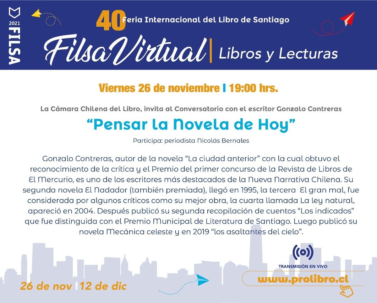lectorcl's tweet photo. Hoy a las 19 horas en #FilsaVirtual @camaradellibro invita al Conversatorio con el escritor Gonzalo Contreras. https://t.co/ZZsPzqNj9N