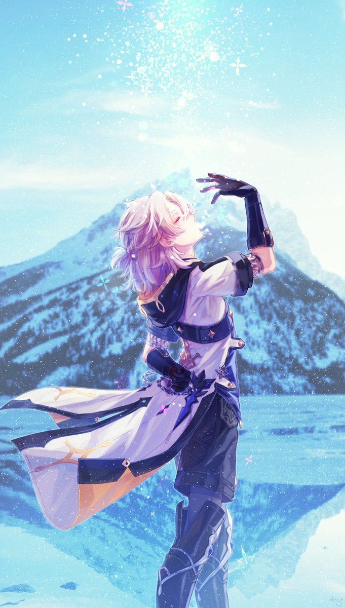 albedo (genshin impact) 1boy male focus gloves solo mountain snow outdoors  illustration images