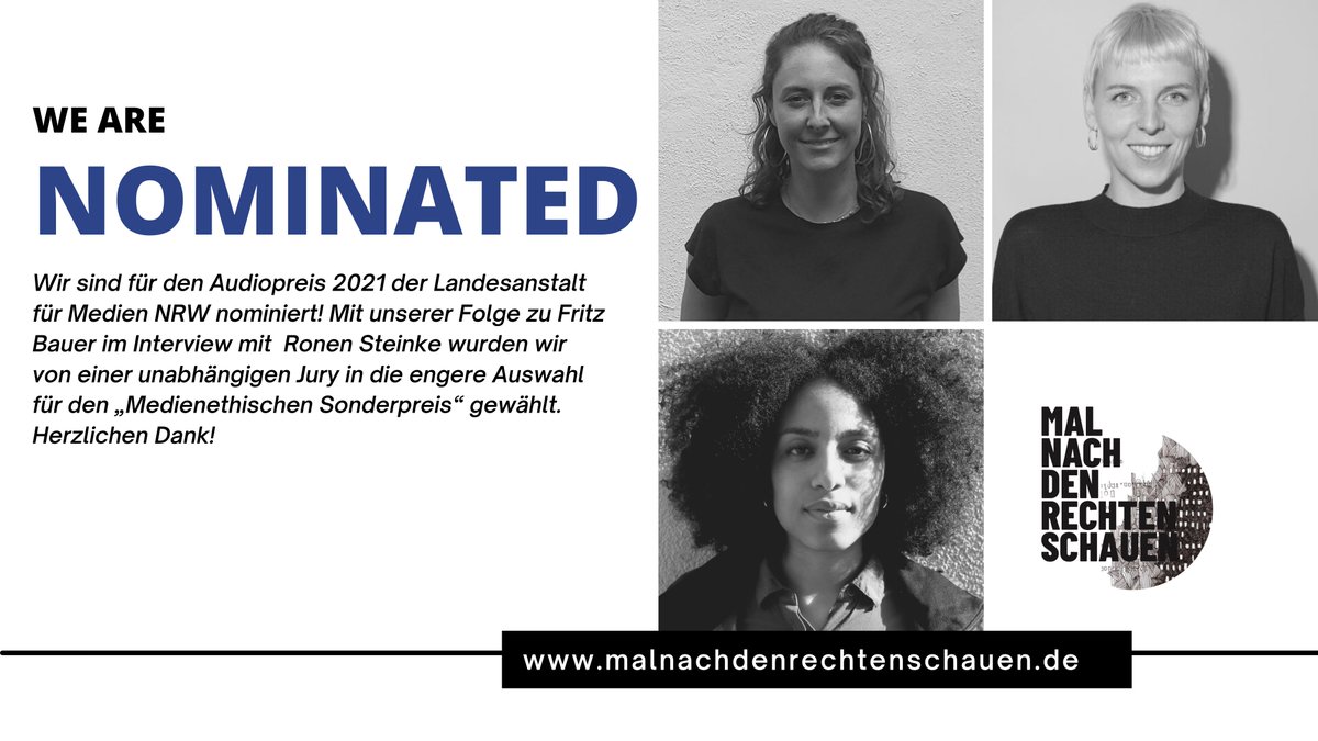 MNDRSpodcast's tweet photo. 📢 Heute um 18:30h findet die Preisverleihung #Audiopreis2021 statt. Danke @RonenSteinke, dass wir mit dir #Folge3 machen durften! Wir freuen uns auf heute Abend und wünschen allen Nominierten viel Erfolg! #FritzBauer #NSKontinuität
Link zum Livestream ➡️ https://t.co/vCCBNMjzZV https://t.co/7ZvDBuIAGC