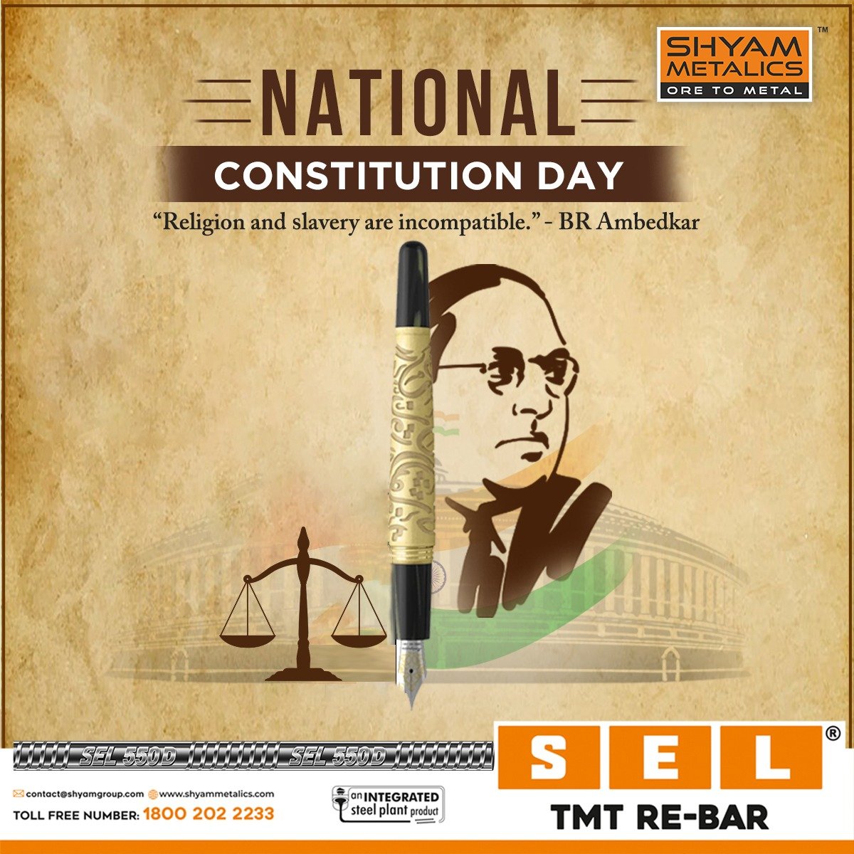 ShyamMetalics's tweet photo. On the occasion of Indian Constitution Day, let us pray that we all follow the path of righteousness and justice.
Happy Constitution Day. Shyam Metalics wishes you all a very Happy and Prosperous Samvidhan Divas.
#ShyamMetalics #SELTMTBars #TMTBARS #happyconstitutionday https://t.co/VZBc3qamVk