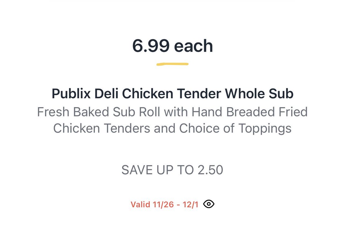 PubSubs_on_sale's tweet photo. 🚨 YES!

Publix Chicken Tender subs are $6.99 (11/26-12/1). https://t.co/loV3sqdKid