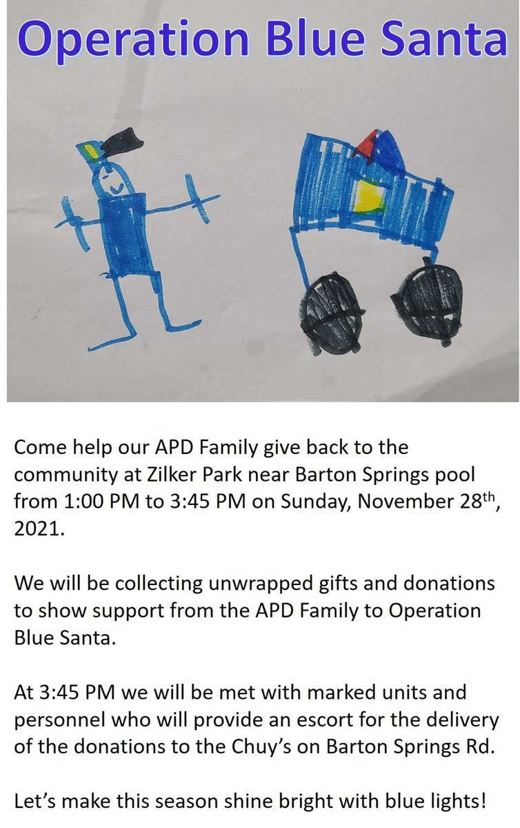 ATXPOA's tweet photo. Happening this Sunday.  Come out and join us in our efforts to make Operation Blue Santa a joyous time for children all across Austin. https://t.co/VD8qee0NC2