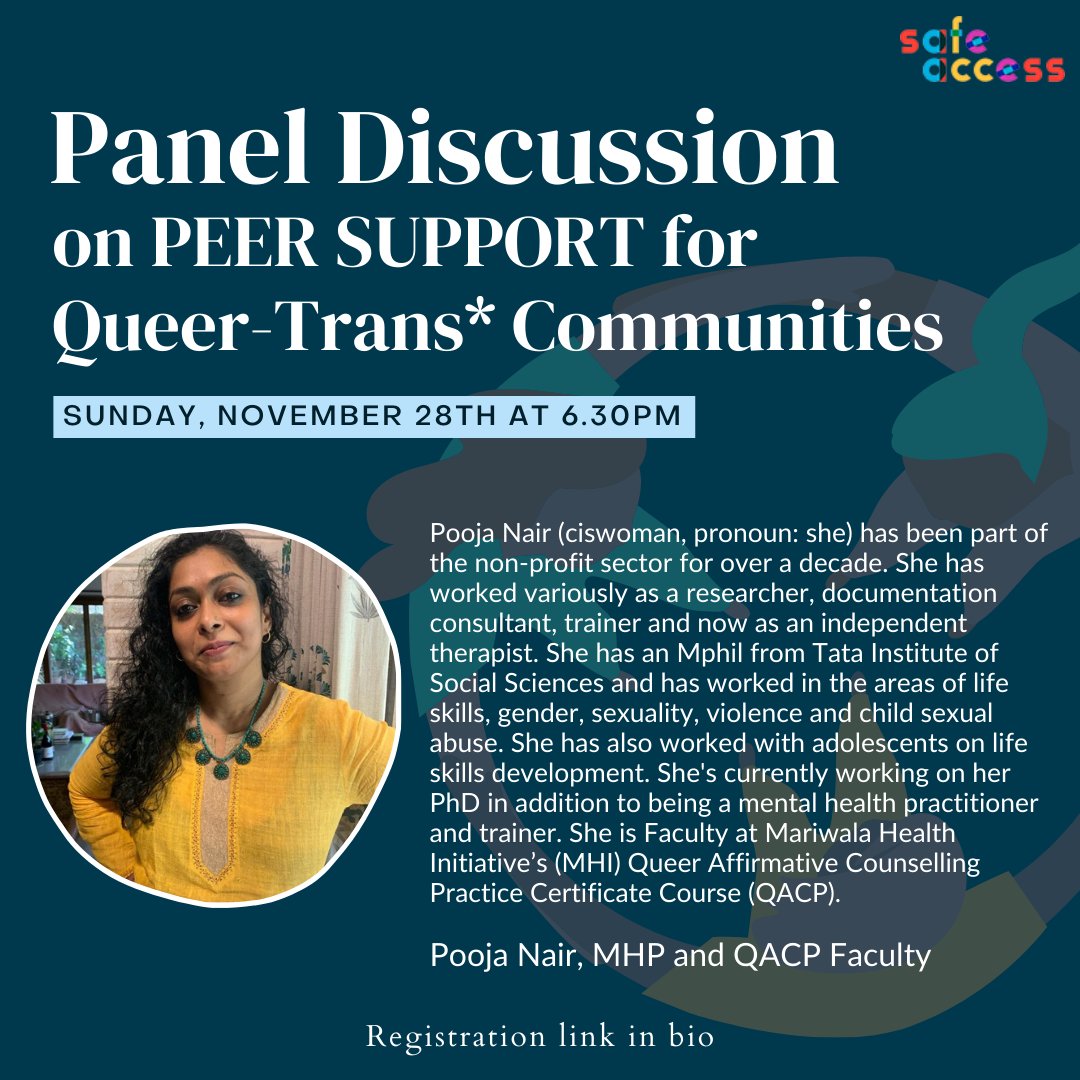 access_safe's tweet photo. Meet our another panelist, @poojavnair who is a Mental Health Professional, Faculty at @mariwalahealth and she is also one the trainers at our #CommunityWellbeing Project.

Register here: https://t.co/tGgFwQRWUu

#PeerSupportWeek #LGBTQ #MentalHealthMatters #queeraffirmingcare https://t.co/ZpUixxiuEQ