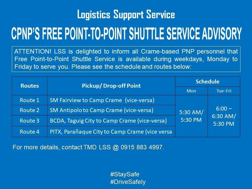 PCRSLSS's tweet photo. ATTENTION: The CPNP’s Free Point-to-Point Shuttle Service is on the go! Reminding  everyone to refer on this Advisory so that you will be guided accordingly.

#TeamLSS
#WeServeandProtect
#PulisNgPagbabago https://t.co/g4KsOiAO7T