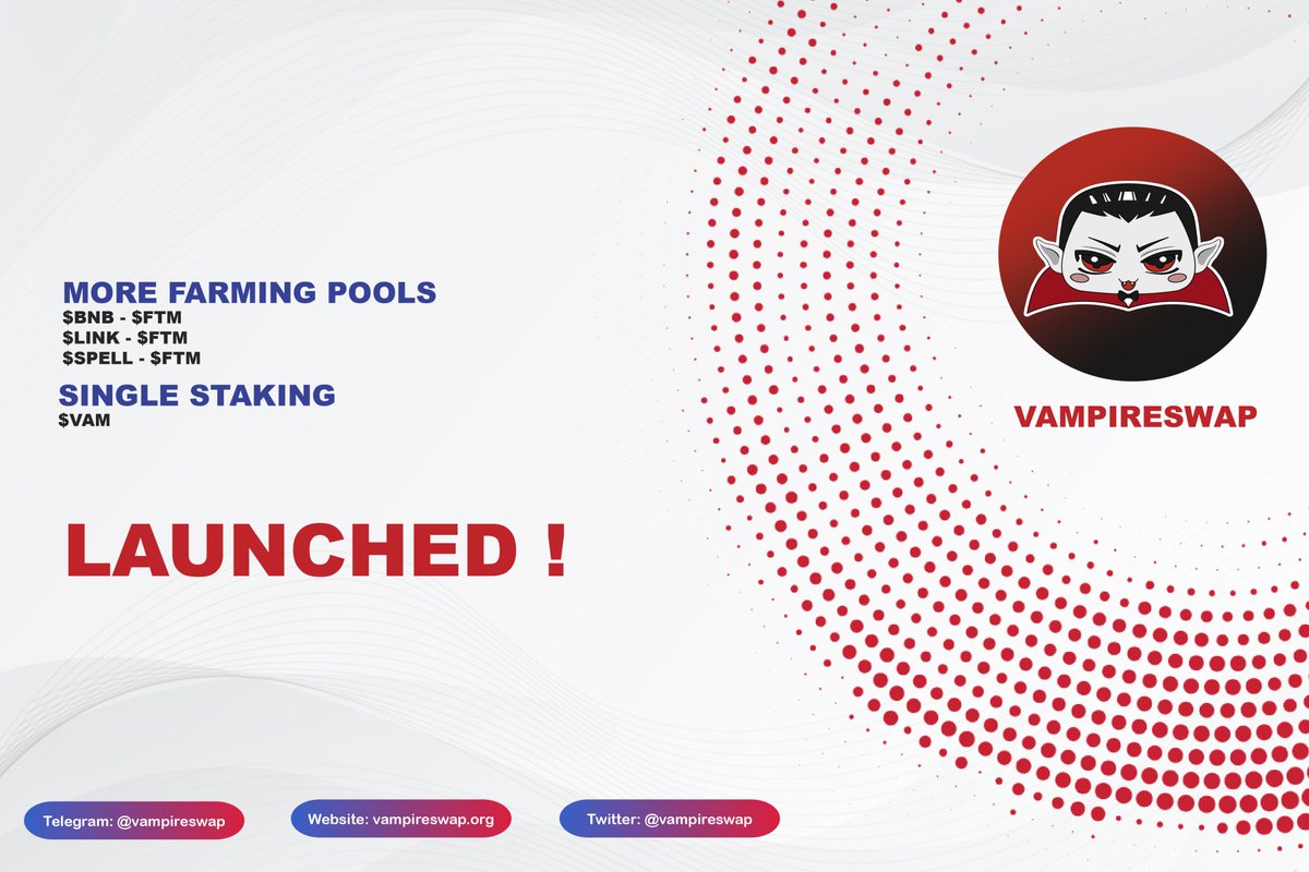 Single Staking &amp; more farming pools have been launched 🔥🔥

Join in farming: vampireswap.org/farm
Join in staking: vampireswap.org/vaults
Join in referral: vampireswap.org/referral

#VampireSwap #DeFi #Fantom #FTM $VAM $FTM