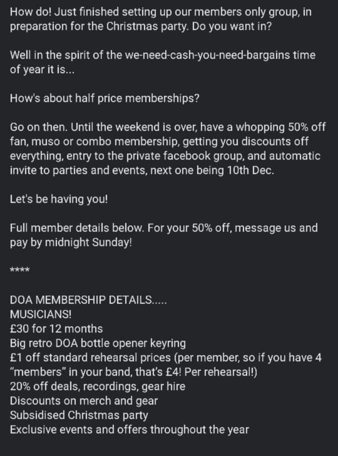 DOASTUDIOS1's tweet photo. Half price memberships! Muso £15/fan £7.50/combo £17.50! Come n get em while they're hot! See pics for details. https://t.co/fxQxsECl6x